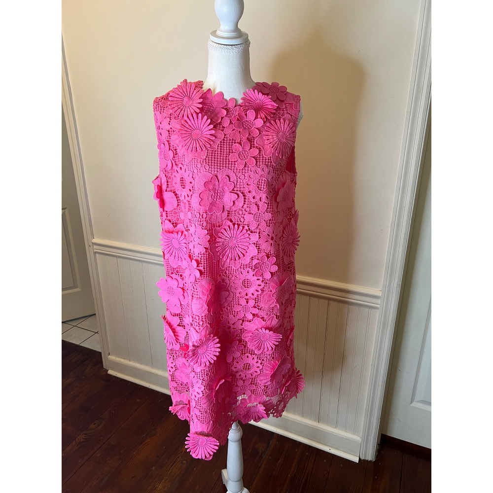 J. Marie Pink Floral Seraphina Lace 3D Applique Mini Shift Dress Womens Medium